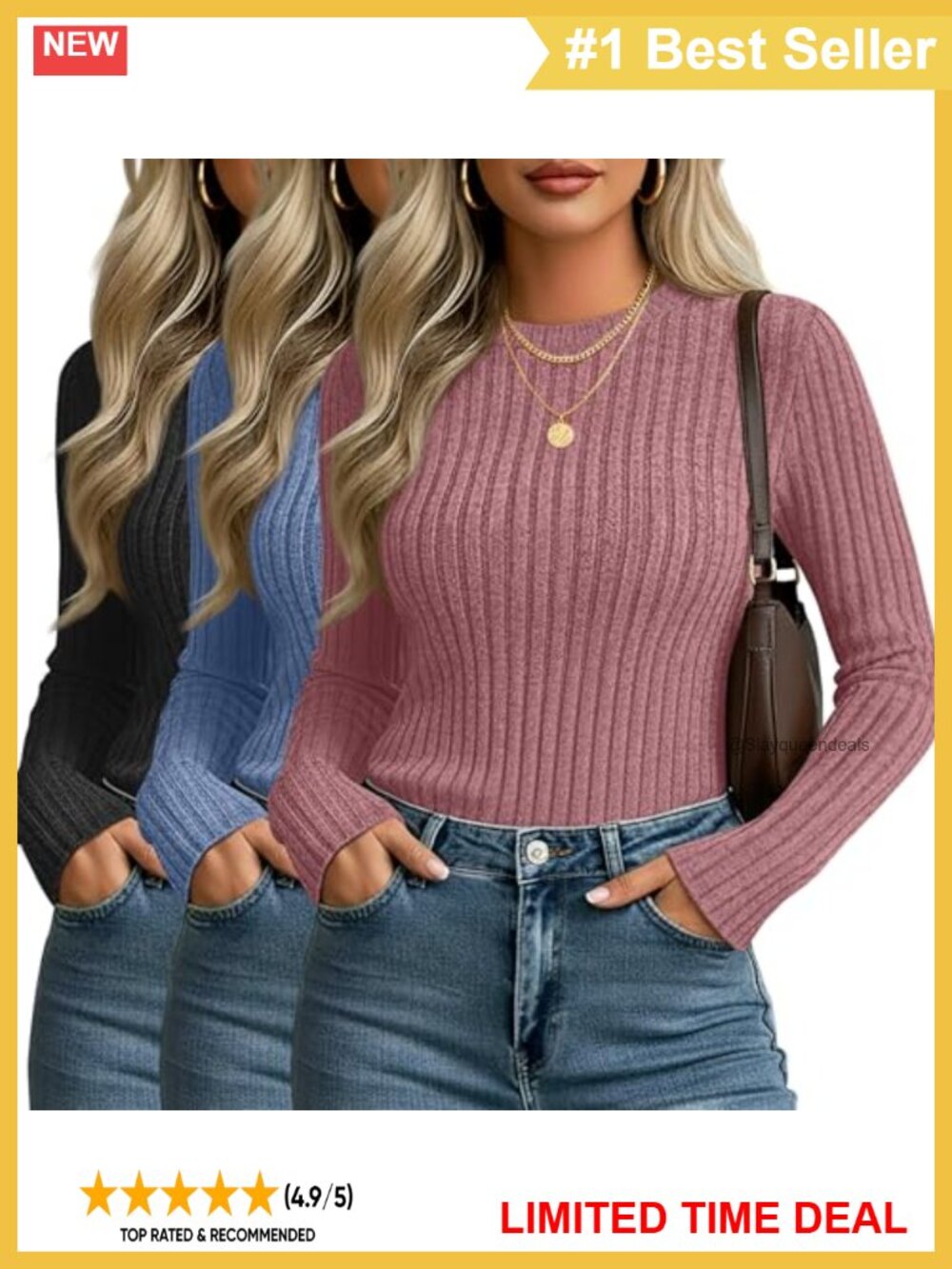 Women's Fitted Ribbed Long Sleeve Crew Neck Sweater Tops 3 Pack